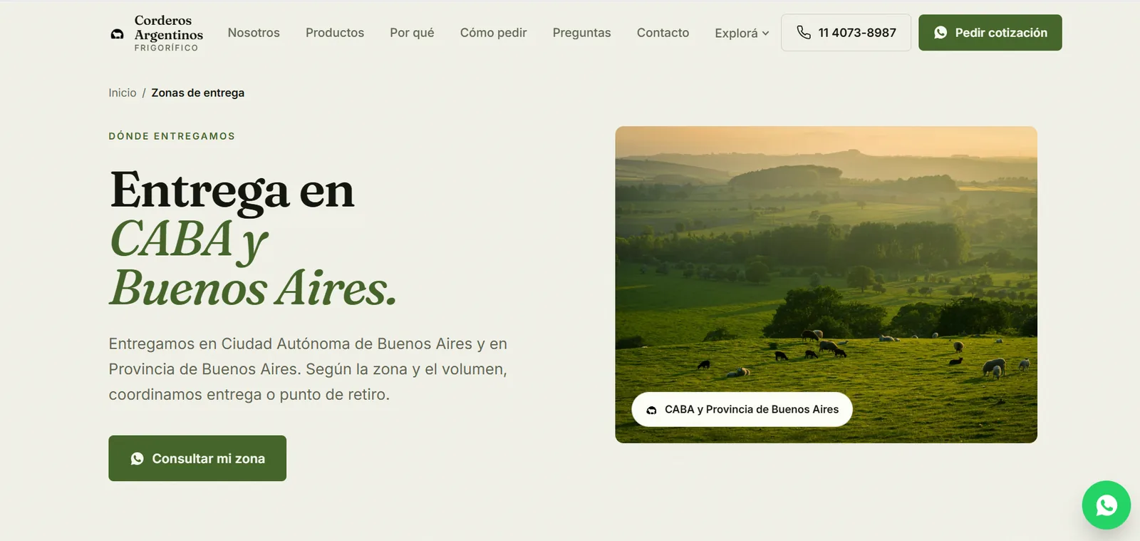 Sitio de Corderos Argentinos en escritorio: menú, título «Entrega en CABA y Buenos Aires» y botón de WhatsApp «Consultar mi zona».